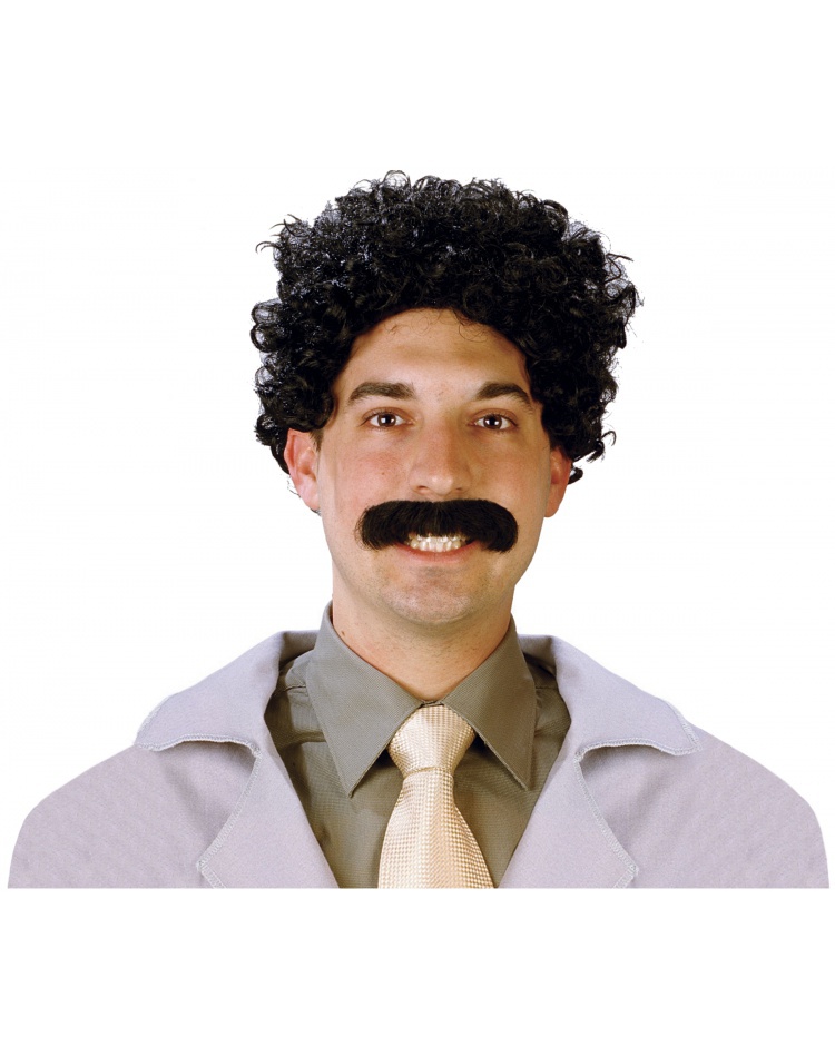 Eurasian Traveler Wig and Mustache Short Black Curly Borat Costume