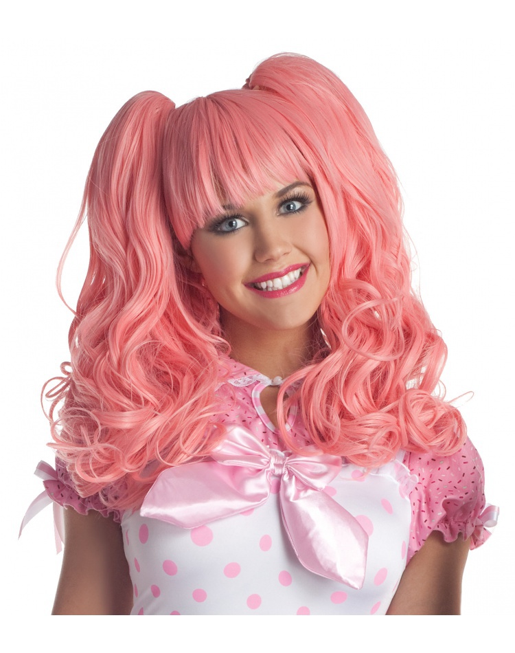 Pink Cosplay Wig with Pigtails Long Straight Costume Accessory