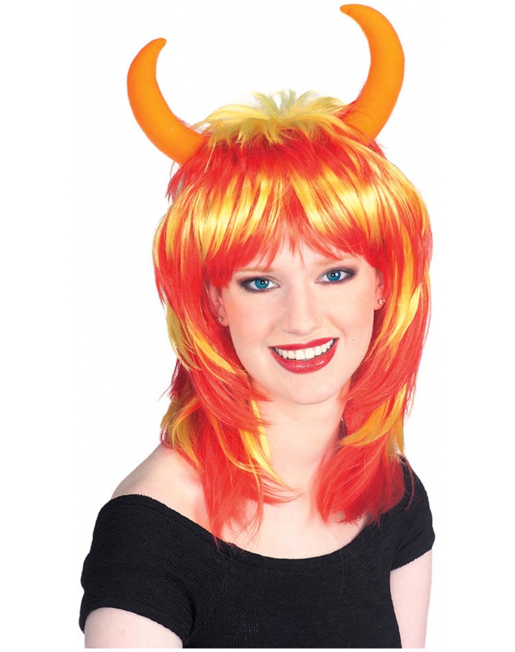 Devil Wig With Horns Red Orange And Yellow Fire Costume Accessory